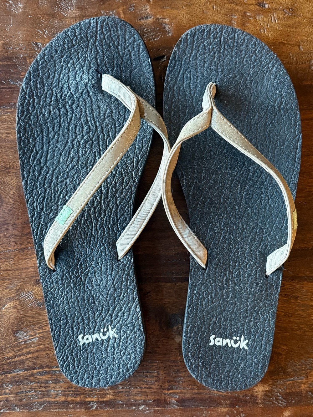 Sanuk Women’s Black Flip Flops with Tan Straps